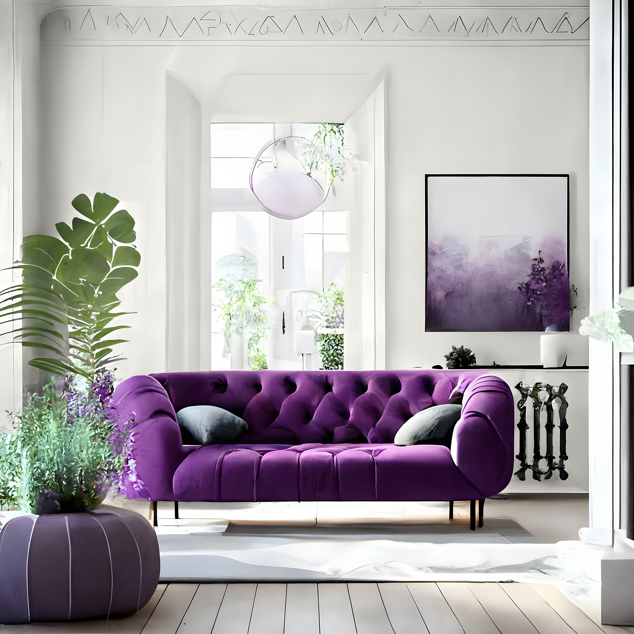 Purpurowy kolor pięknie wygląda na obiciu mebli tapicerowanych. Doskonałym tłem będzie wtedy neutralna biel na ścianach, np. C77 Biały Granit MAGNAT Ceramic.